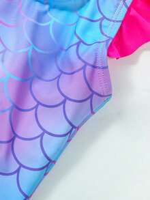 Young Girl Fish Scales Print Ruffle Trim One Piece Swimsuit - Multicolor - View 5
