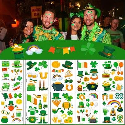10 Sheets St. Patrick's Day Face And Body Temporary Tattoo, Shamrock Hat Lucky Green Balloon Flag Pattern Makeup Stickers, Irish St Patricks Day Parade Performance Celebration Party Decorations Party Favors