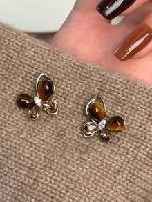 1 Pair Rhinestone & Tiger Eye Butterfly Stud Earrings, Minimalist Design - Brown - View 3