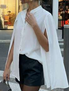 白色披肩袖纽扣衬衫 | 宽松版型上衣，适合办公室和早午餐场合 - 白色 - 查看 7