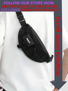 Letter Printed Men's Sling Waist Bag, Fashion Fanny Pack, Back-To-School Supplies, With Logo Print, Shoulder Bag, Casual Sports Style Dad College Bag Casual Outdoor Rider Bag Black Bag Student Large Capacity Multi-Functional Vacation Chest Bag Hip Bag Travel Essentials Holiday Essentials Bag For Men Bags Summer Back To School Belt Summer Bag Spring Break Bag Pouch Belt Bag Phone Bag - Black - View 2