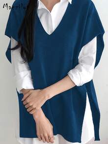 大码女式套头毛衣，休闲舒适V领无袖针织上衣 - 藏蓝色 - 查看 4