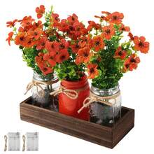 Rustic Wedding & Home Centerpiece: 3-Piece Mason Jar Vase Set On Decorative Wooden Tray – Farmhouse Kitchen, Dining Room, Living Room Decor - 橙色(雛菊) - 查看 1