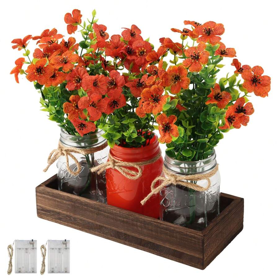 Rustic Wedding & Home Centerpiece: 3-Piece Mason Jar Vase Set On Decorative Wooden Tray – Farmhouse Kitchen, Dining Room, Living Room Decor - 橙色(雛菊) - 查看 1