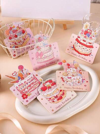 50枚/箱 バースデーケーキグリーティングカード、鮮やかなかわいいカートゥーンデザイン、様々なケーキパターン、テーマパーティー、ギフト、誕生日、結婚式、母の日、イースターに適しています(ランダム)