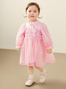 mini bala 2025秋季新款女童网纱连衣裙，中国风甜美柔软内衬 - 粉紅 - 查看 5