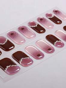 16片半固化凝胶美甲贴纸，甜美个性化情人节爱心闪粉水晶美甲贴纸，甜美渐变黑到裸粉色，日常和派对无缝过渡，需使用UV灯固化，持久耐用，适合女性和女孩日常、情人节、派对DIY美甲用品 - 紫色 - 查看 3
