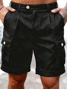 Men's Black Pleated Cargo Shorts, Button Waist Cuffed Multi-Pocket Streetwear - Black - View 1
