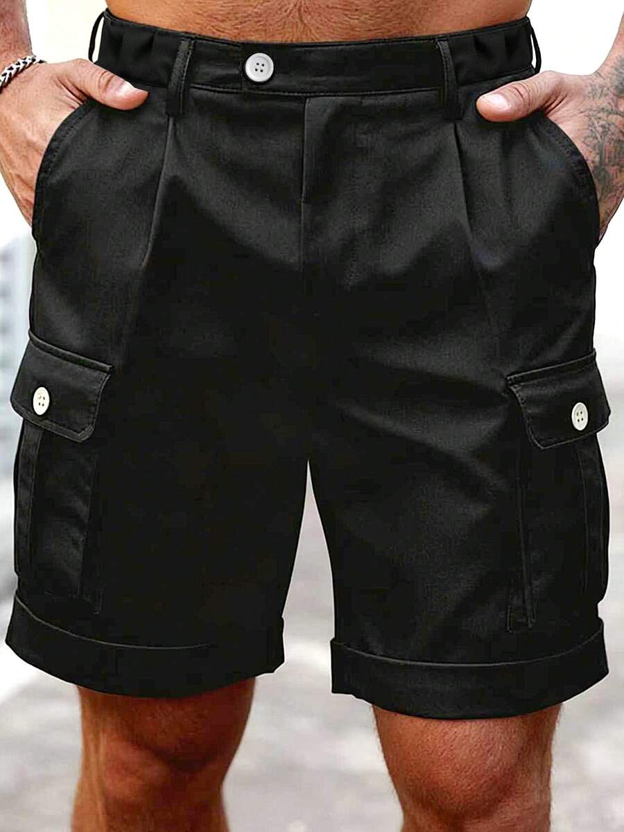 Men's Black Pleated Cargo Shorts, Button Waist Cuffed Multi-Pocket Streetwear - Black - View 1