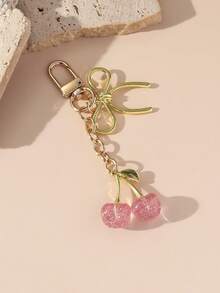1pc Unisex New Shiny Faux Cherry Keychain Fashionable Delicate 3D Cherry Bow Bag Charm Travel Essentials Kawaii Chinese - Pink - View 2