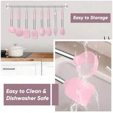 Juego 8 utensilios cocina silicona mango acero inoxidable para antiadherentes freír drenaje resistente calor apto lavaplatos - Rosado - Ver 4