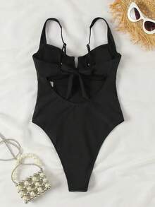 1pc Sexy V-Neck Black White Patchwork One-Piece Swimsuit Women Lingerie Teddies And Bodysuits Comfortable Stretchy Fabric Summer Beachwear - 黑色 - 查看 4