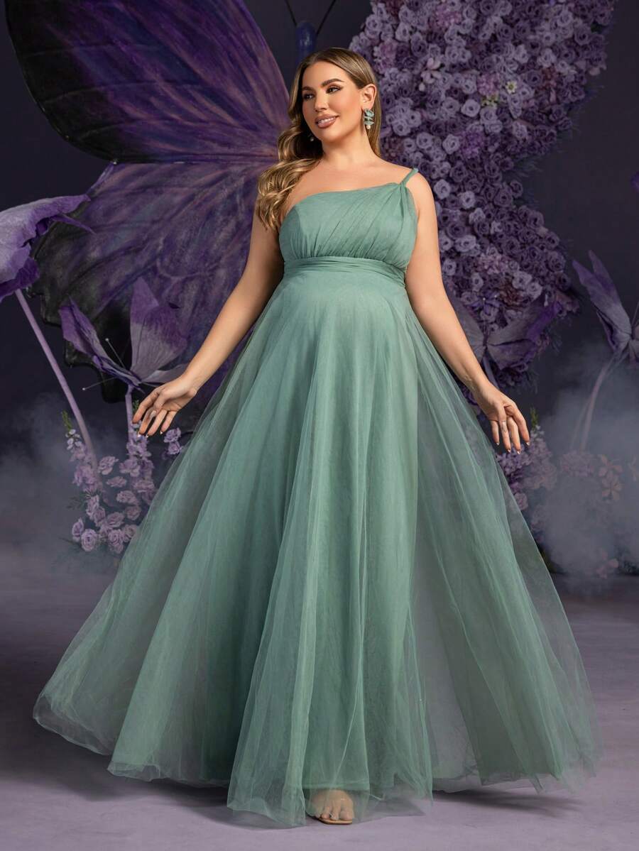 Faeriesty 優雅大尺碼孕婦晚禮服－不對稱肩領與胸前抓皺設計－適合春季婚禮與母親節慶祝活動