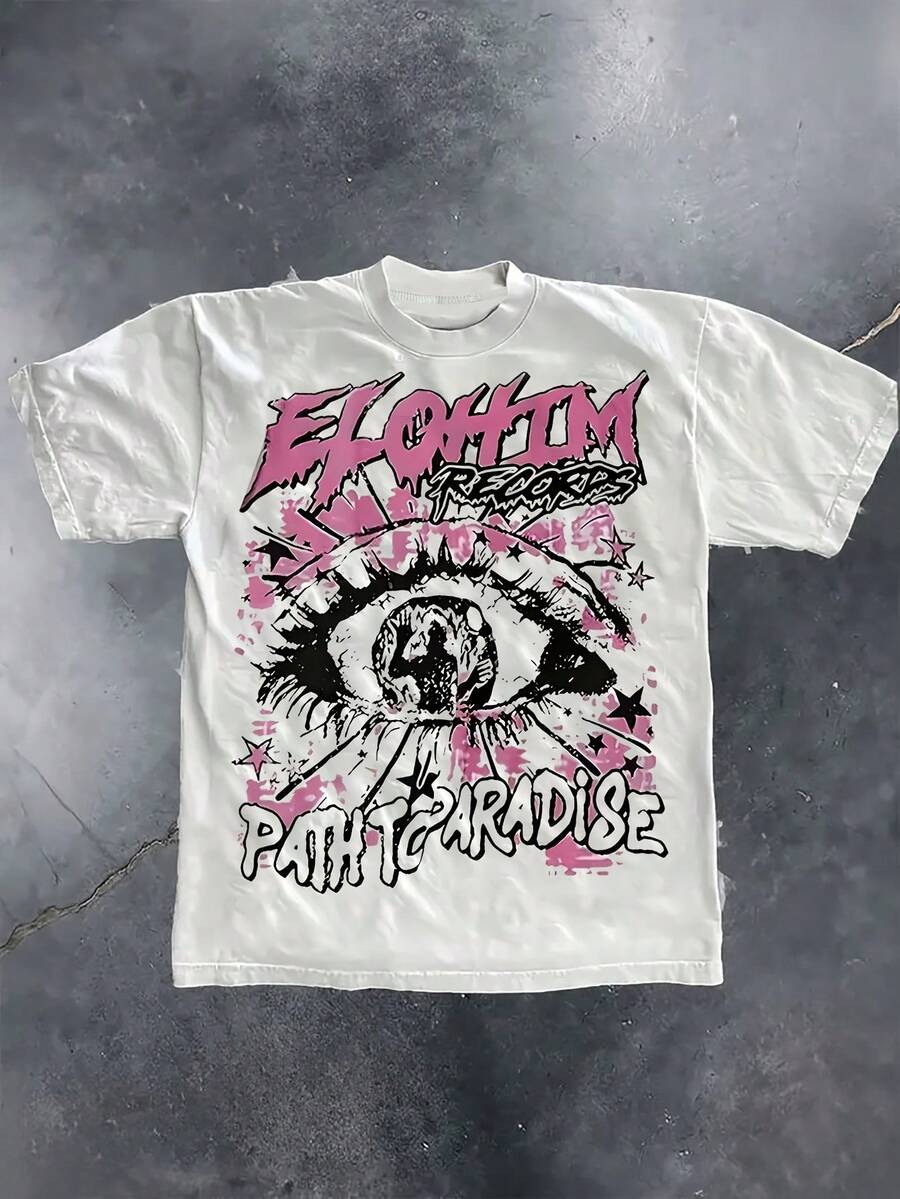 Women's Rock Graffiti ELOHIM RECORDS Graphic T-Shirt  Cute Print With Anime/Bands/Text SHIRT - Casual Short Sleeve Round Neck Tee - Spring/Summer, Birthday/MOMSDAY/FANS Gift For Moms - Everyday Outfit Essential, Four Seasons Fashion, Perfect Holiday Gift For Modern Fashion Enthusiasts - 白色 - 查看 1