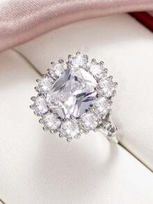 1pc Fashionable Square Cubic Zirconia Ring For Women, Suitable For Wedding, Engagement Party, Valentine's Day Gift - Silver - View 5