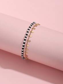2pcs/Set Beach Vacation Style Black & White Beaded Copper Disc Chain Anklet (Avoid Contact With Water) - Black and White - View 3