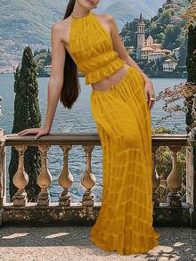 2pcs Chiffon Layered Ruffle Lace Trim Backless Camisole Maxi Dress Set, Romantic Elegant Bohemian Style, Suitable For Party, Wedding And Other Occasions - Yellow - View 9
