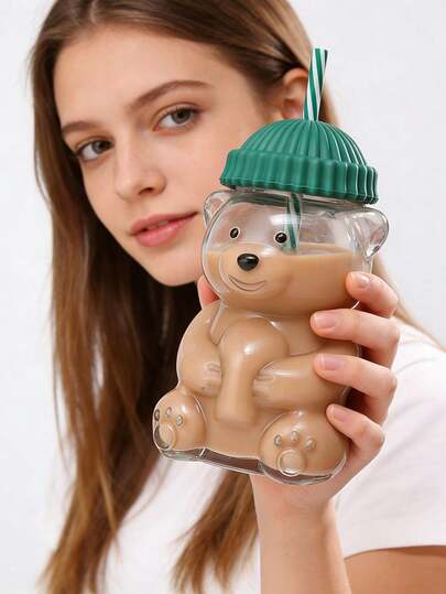 1个可爱小熊造型玻璃杯，带盖和吸管，蜂蜜熊马克杯，耐热玻璃饮具，适用于咖啡、啤酒、葡萄酒、鸡尾酒，居家厨房派对可爱饮品容器，理想的新年礼物