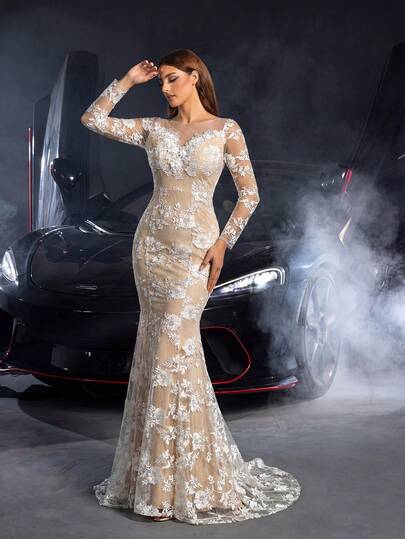 Faeriesty Elegant Mermaid Evening Gown With Sheer Floral Lace Overlay, Illusion Sleeves, And Open Back Design, Suitable For Weddings, Formal Events, And Red Carpet Occasions