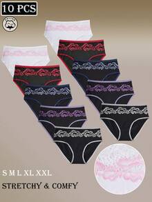 10 Peças/Pacote Calcinhas Elegantes de Cintura Alta com Estampa Floral Feminina, Suave, Respirável, Elástica e Confortável para Uso Diário com Acabamento em Renda - Multicolorido - Visão 7
