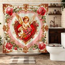 ستارة دش بتصميم قلب كيوبيد الورد الأنيق مع خطافات، ستارة حمام رومانسية فيكتورية، ستارة حمام مزينة بإطار كيوبيد والزهور لديكور حمام عيد الحب، إكسسوارات حمام فاخرة باللون الذهبي، لوازم حمام منزلية أنيقة كلاسيكية، ستارة حمام احتفالية رسمية، ديكور منزلي لا يزول، ستارة حمام فاخرة عالية الجودة - أحمر وأبيض - مشاهدة 1