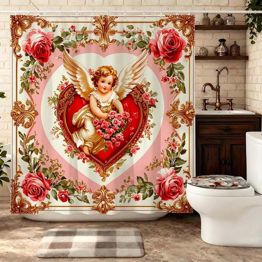 ستارة دش بتصميم قلب كيوبيد الورد الأنيق مع خطافات، ستارة حمام رومانسية فيكتورية، ستارة حمام مزينة بإطار كيوبيد والزهور لديكور حمام عيد الحب، إكسسوارات حمام فاخرة باللون الذهبي، لوازم حمام منزلية أنيقة كلاسيكية، ستارة حمام احتفالية رسمية، ديكور منزلي لا يزول، ستارة حمام فاخرة عالية الجودة - أحمر وأبيض - مشاهدة 1
