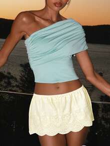 Women Lace Mini Skirt Ruffle Pleated Flowy Short Skirts Low Rise Layered Tiered Skirt - Yellow - View 5