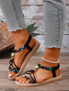 Sandal đế bằng nữ mùa hè mới, mũi tròn, đính hạt thủ công, phong cách Bohemian, đa năng, thoải mái, thích hợp cho kỳ nghỉ. - màu đen - Xem 6