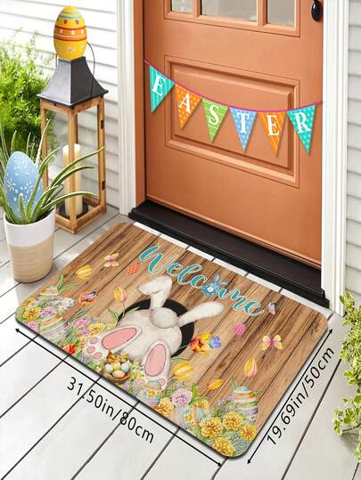 1pc Creative Easter Colorful Wooden Rabbit & Floral Sponge Print Doormat, Washable Home Mat, Holiday Decor Mat, Entryway Rug, Rectangular Decorative Rug