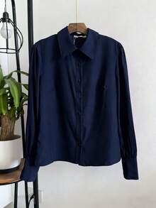 Carnival, Street Party. Elegant And Casual Women's Shirt, Puff Sleeves, Has 3 Buttons, JEMMY MODA. This Is A Simple And Versatile Shirt That Combines Work And Personal Life, Leisure And Fashion. - 藏蓝色 - 查看 1