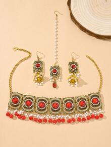 4件套时尚奢华水钻首饰套装，新娘首饰，仿珍珠发链、吊坠耳环和串珠流苏项链，适合女士婚礼、日常佩戴。 - 四件套 - 查看 5