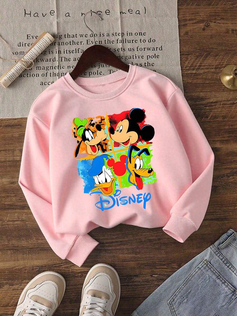 Disney Official Licensed Mickey Mouse And Friends Playful Cartoon Print Girls Cute Sweatshirt Soft Skin-Friendly Comfortable Versatile Ideal For Daily Casual Outings And Cozy Lounging At Home - 粉色 - 查看 1