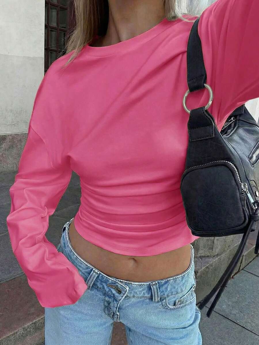 Nueva blusa elegante de manga larga con cuello redondo y volantes de unicolor, adecuada para vacaciones, citas, escuela, viajes y uso diario en primavera - Sandía roja - Ver 1