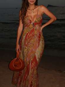 女士长袖吊带中长连衣裙，优雅波西米亚复古风，系带前襟，梭织面料 - 彩色 - 查看 3