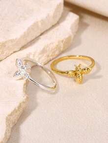 18K镀金/镀银不锈钢蜜蜂戒指，简约时尚婚礼首饰装饰 - 1 - 查看 9