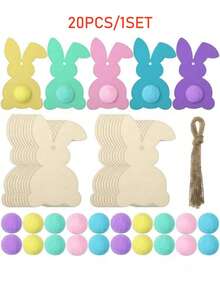 20pcs Unfinished Wooden Easter Bunny Silhouette Shapes With Colorful Pom Poms, Hanging Ornaments, Bunny Shape Craft Tags, Wooden Pendants, DIY Decorations, Wooden Shavings Bunny Paper Cutting Easter Wooden Craft - Multicolor - View 10