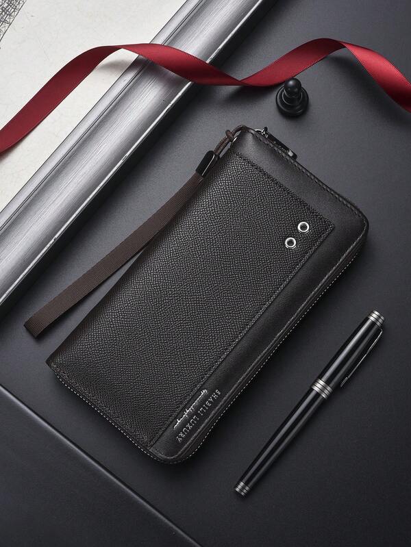 SHABILI 1pc Plain Color PU Leather Large Capacity Zipper Wallet Clutch Bag, Suitable For Business, Commute, Student Daily Use