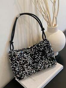 Women Silver Sequin Shoulder Bags Zipper Closure Underarm Handbag Solid Color Tote Handbag For Wedding Prom Parties Travel - A - View 8