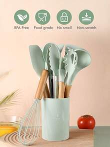 Meoky 12pcs Wooden Handle Silicone Kitchen Utensil Set, Heat Resistant Non-Stick Cooking & Baking Tools, Suitable For Kitchen - Green - Regular - View 7