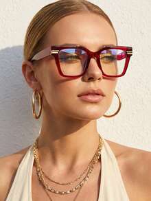 1副女士酒红色方形PC框复古撞色时尚个性化无度数眼镜 - 酒紅色 - 查看 1