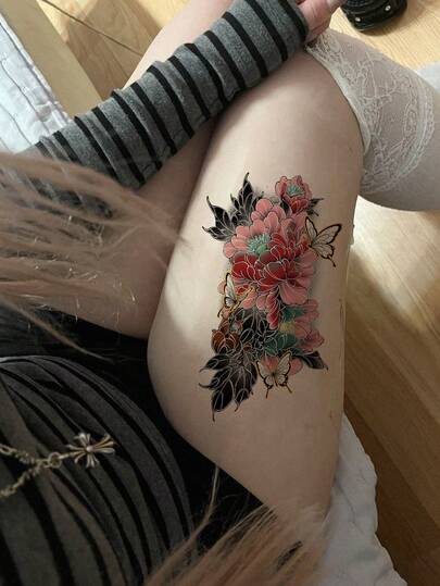 1 st tillfällig tatuering med pionblomma, akvarell tie dye med metalliska linjer, elegant mörk design, lämplig för armar, midja, ben och andra kroppsdelar, vattentät, svetttålig, långvarig, och, perfekt för högtider, fester, presenter