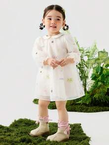 mini bala 女童刺绣网纱派对连衣裙,甜美彼得潘领 - 白綠色調 - 查看 7