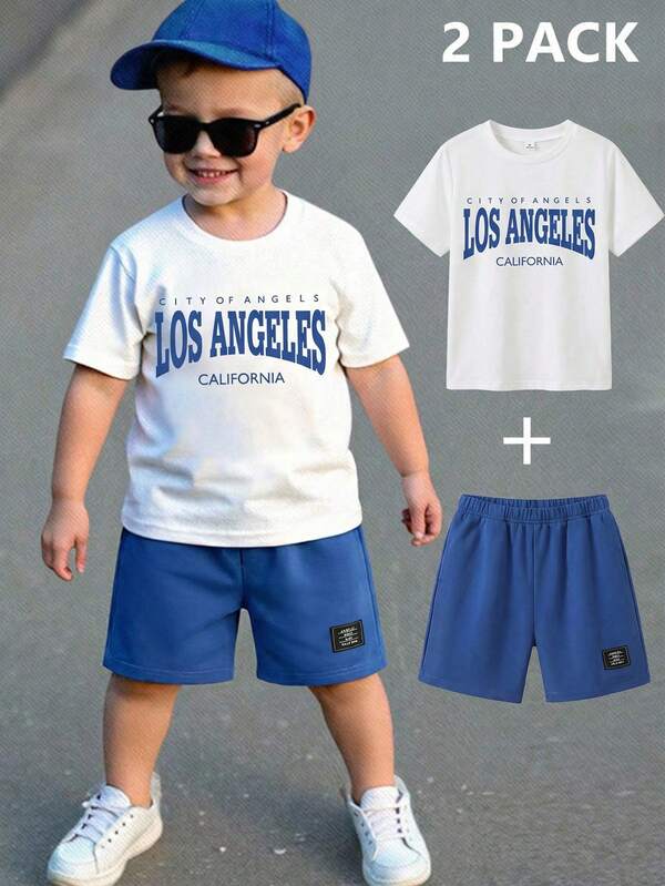 2pcs Young Boys' Summer Outfit | Los Angeles City Letter Print Set, Short Sleeve T-Shirt And Shorts, American Street Style, Best Choice For Fashionable Kids