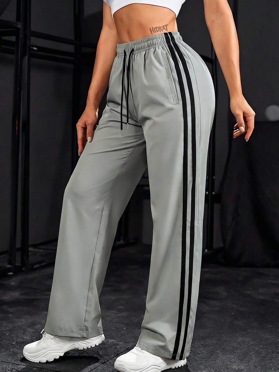 女士时尚休闲美式条纹阔腿裤，抽绳腰带，宽松版型，时尚简约，适合户外运动和日常穿着。 - 灰色 - 查看 1