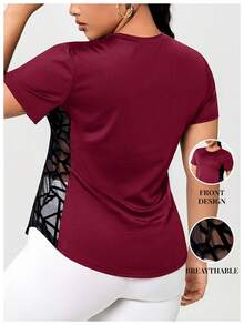 Camiseta de manga corta de mujer talla grande, casual y deportiva, con parches de malla, para verano - Burdeos - Ver 3