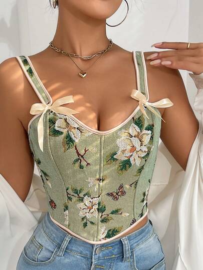 1 pieza Camiseta sin tirantes con lazo floral verde menta, Blusa sexy para fiesta/Día de San Valentín