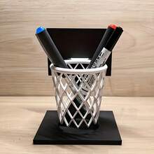 1pc 3D Printed Basketball Hoop Pen Holder - Creative Desktop Organizer, Black Base With White Grid Design. Suitable As A Gift For Home, School Or Office. Space-Saving Decorative Accessory. - Black and White - View 1