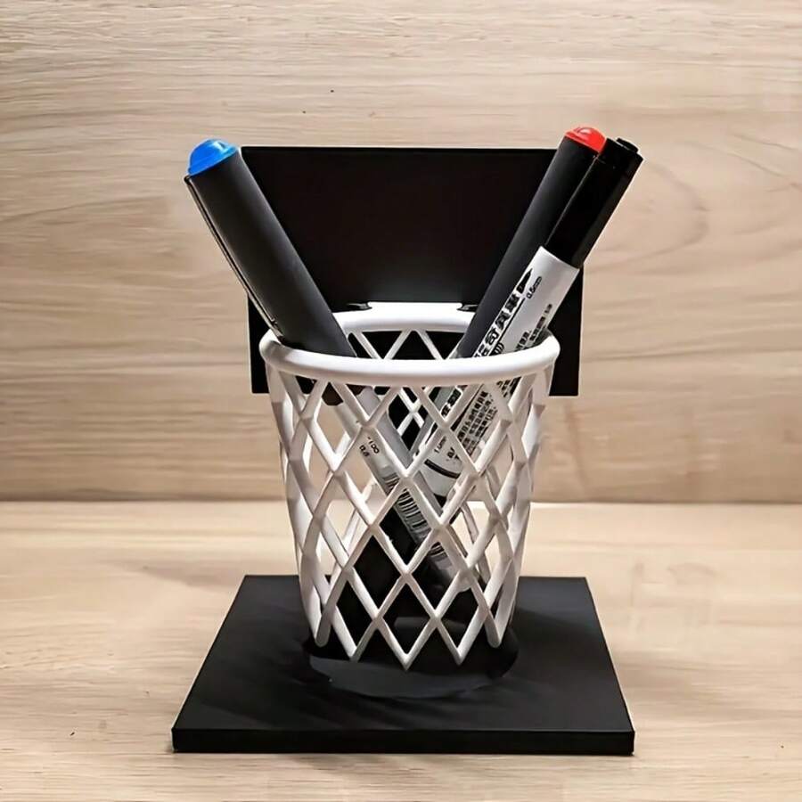 1pc 3D Printed Basketball Hoop Pen Holder - Creative Desktop Organizer, Black Base With White Grid Design. Suitable As A Gift For Home, School Or Office. Space-Saving Decorative Accessory. - Black and White - View 1