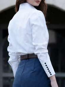 DONICY 女士修身长袖衬衫，纹理面料，翻领配黑色纽扣和开衩袖口，适合办公室和正式场合。 - 白色 - 查看 2