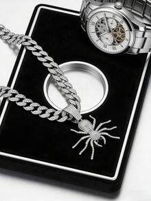 1件镶满水钻的动物吊坠项链，欧美风格男士链项链，个性化嘻哈配饰，百搭 - 銀色 - 查看 7